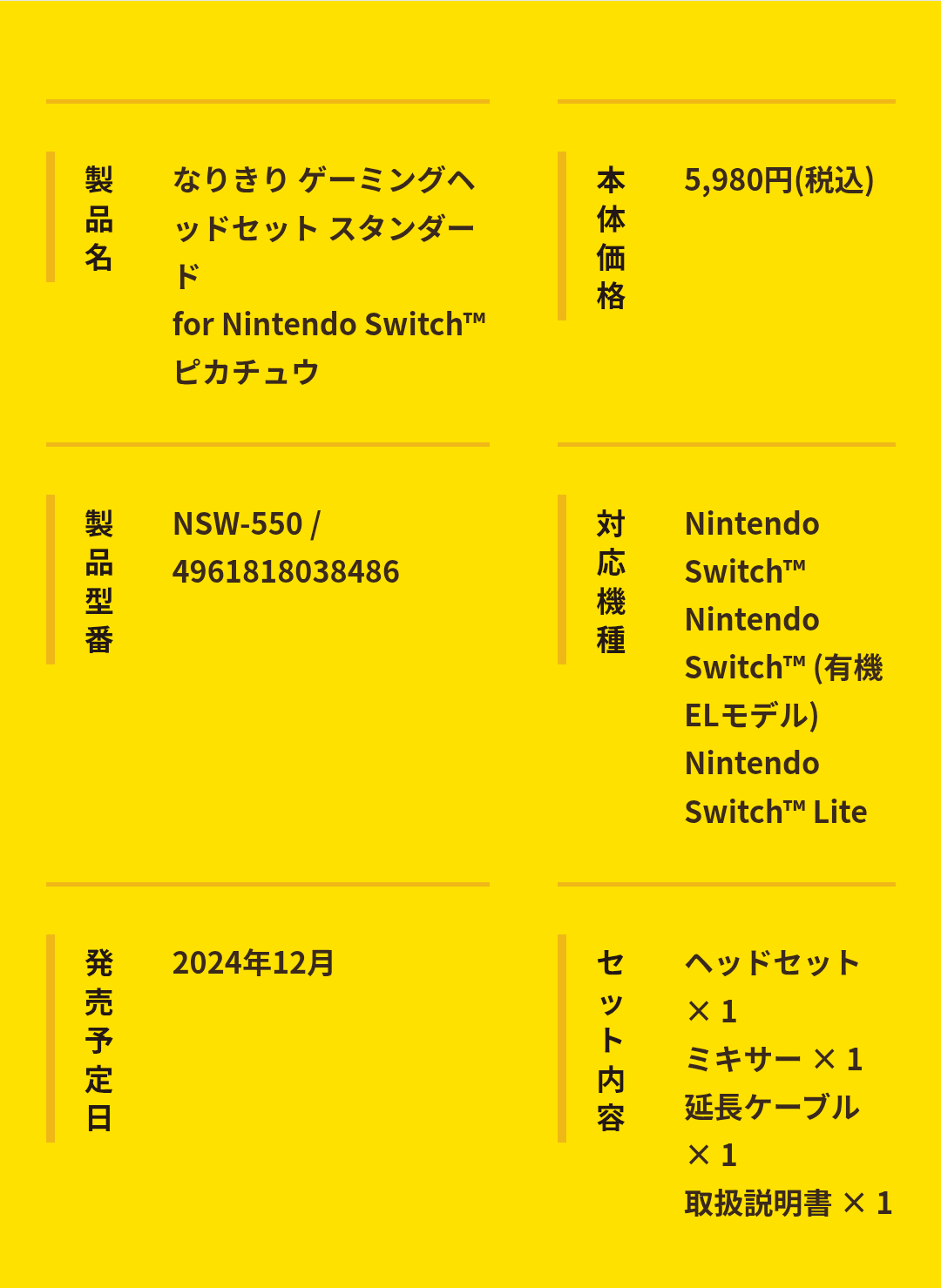 〖New〗〖Shipping fee not included〗 Pokemon Pikachu Gaming Headset Standard for Nintendo Switch Pikachu [NSW-550]  〖新品〗〖送料別〗Pokemon  Pikachu なりきりゲーミングヘッドセット スタンダード for Nintendo Switch ピカチュウ [NSW-550］